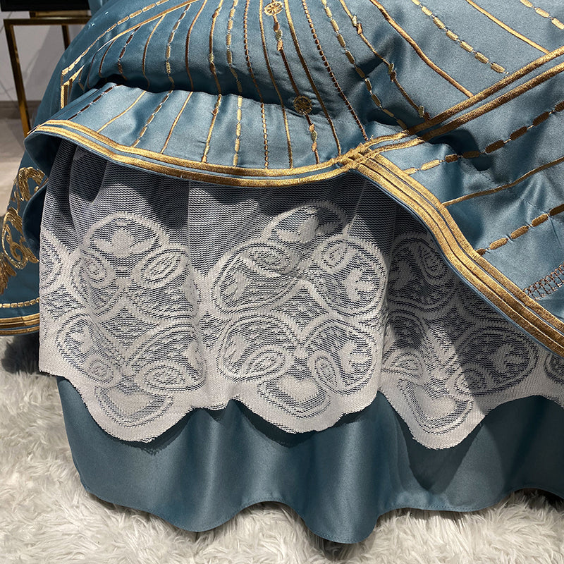 Lucia Pale Sky Royal Luxury Soft Satin Egyptian Cotton Royal Embroidery Duvet Bedding Set - DARIYA HOME