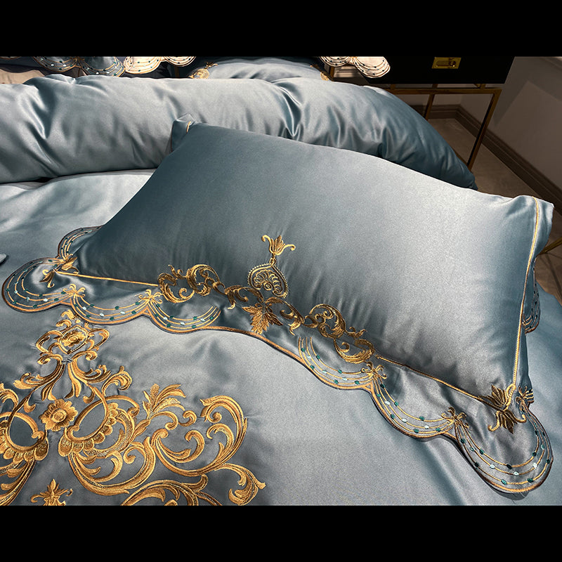 Lucia Pale Sky Royal Luxury Soft Satin Egyptian Cotton Royal Embroidery Duvet Bedding Set - DARIYA HOME