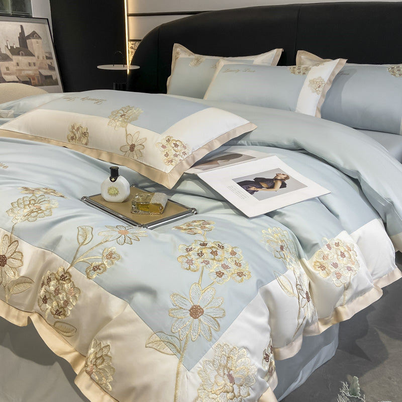 Hedonia Light Blue 1000TC Flower Embroidery Egyptian Cotton Duvet Bedding Set - DARIYA HOME