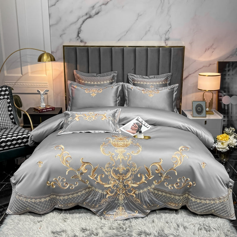 Elmira Grey 600TC Satin Egyptian Cotton Royal Embroidery Duvet Bedding Set - DARIYA HOME