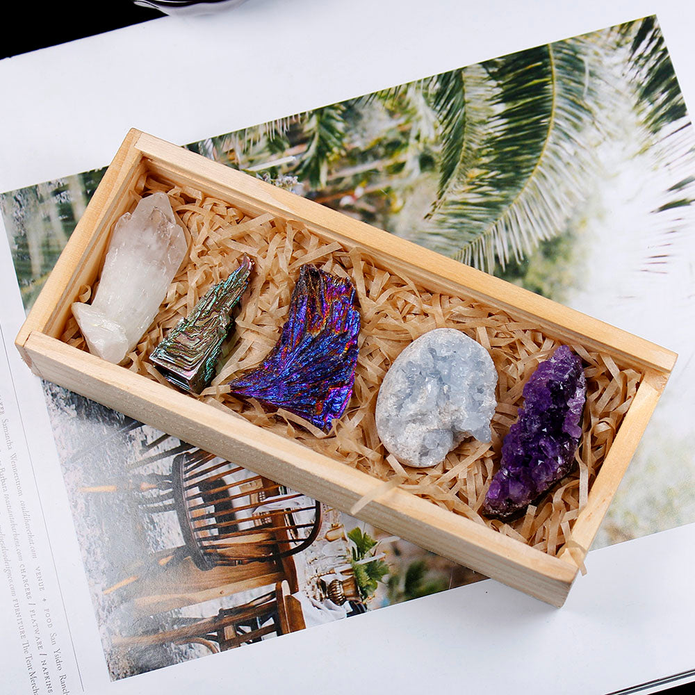 Natural Crystals 5 Pieces Set Home Collection Wooden Box Gift