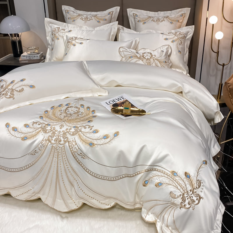 Virginia Luxury Satin Egyptian Cotton Royal Feather Embroidery Duvet Bedding Set - DARIYA HOME