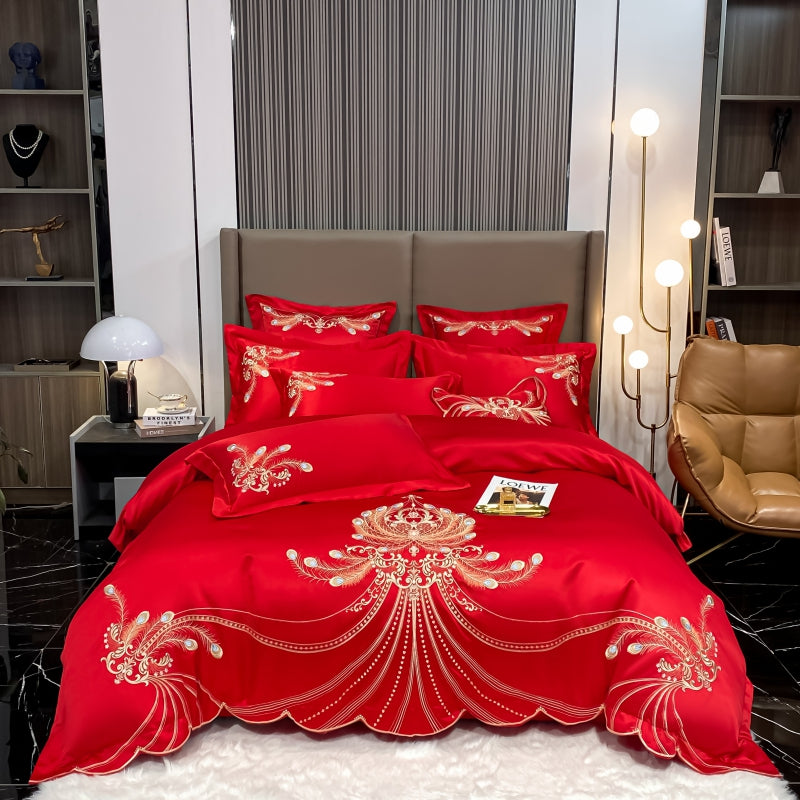 Virginia Red Ribbon Luxury Satin Egyptian Cotton Royal Feather Embroidery Duvet Bedding Set - DARIYA HOME