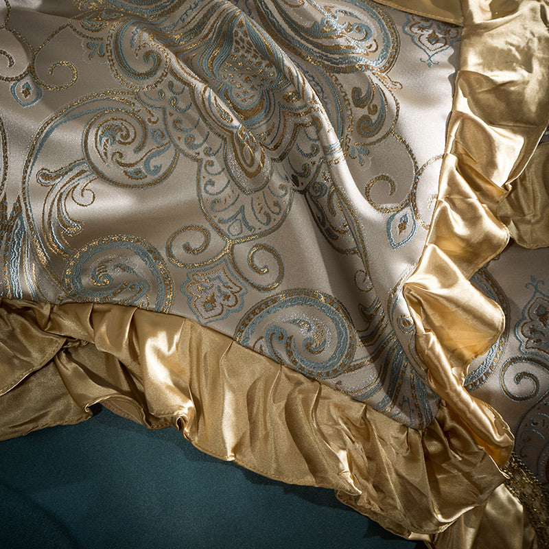 Jacqueline Gold Blue Satin Jacquard Egyptian Cotton Royal Luxury Embroidered Duvet Cover Set - DARIYA HOME