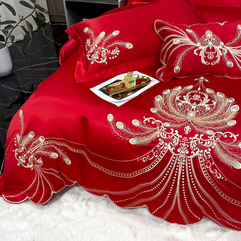 Virginia Red Ribbon Luxury Satin Egyptian Cotton Royal Feather Embroidery Duvet Bedding Set - DARIYA HOME