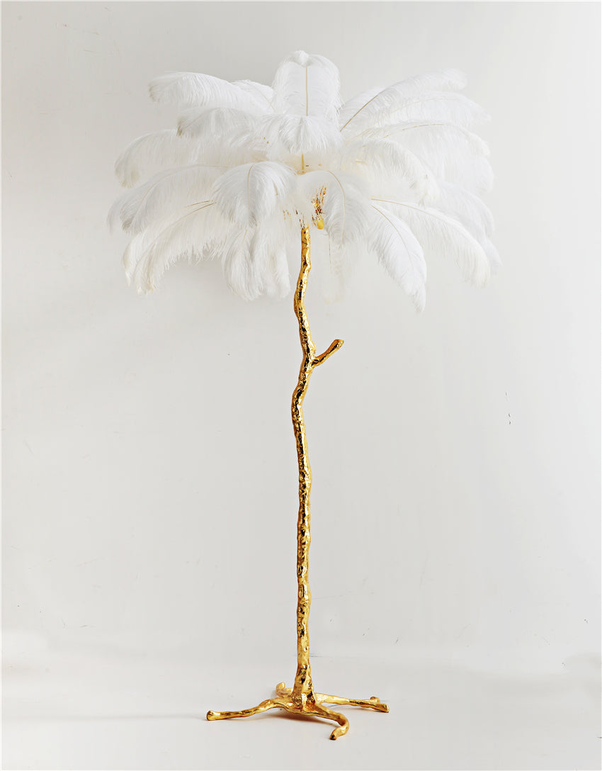 "King of The Jungle" White Ostrich Feathers Handcrafted Copper Body Decor Floor Table Lamp - DARIYA HOME