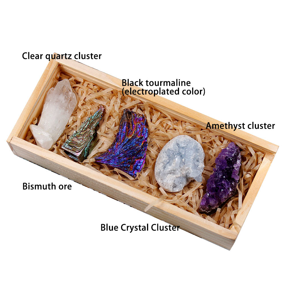 Natural Crystals 5 Pieces Set Home Collection Wooden Box Gift