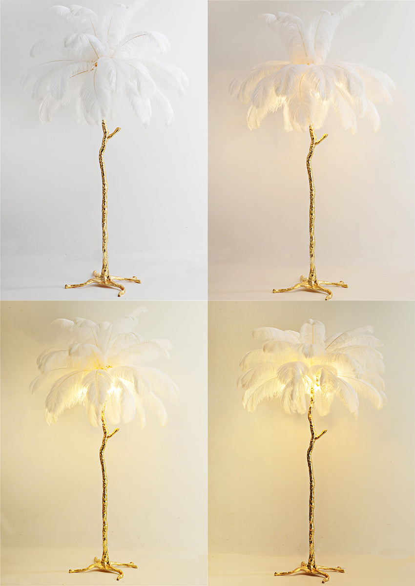 "King of The Jungle" White Ostrich Feathers Handcrafted Copper Body Decor Floor Table Lamp - DARIYA HOME