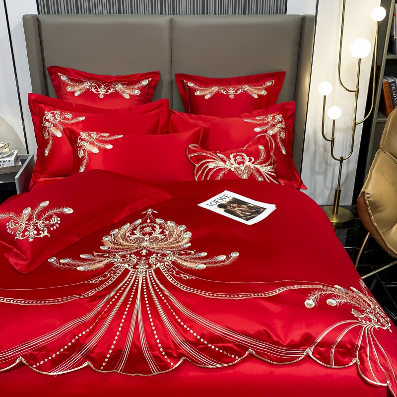 Virginia Red Ribbon Luxury Satin Egyptian Cotton Royal Feather Embroidery Duvet Bedding Set - DARIYA HOME