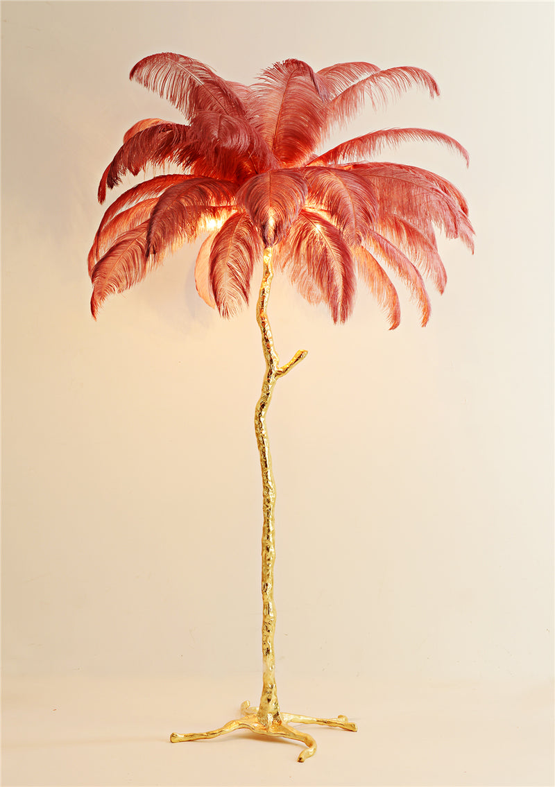 "King of The Jungle" Red Ostrich Feathers Handcrafted Copper Body Decor Floor Table Lamp - DARIYA HOME