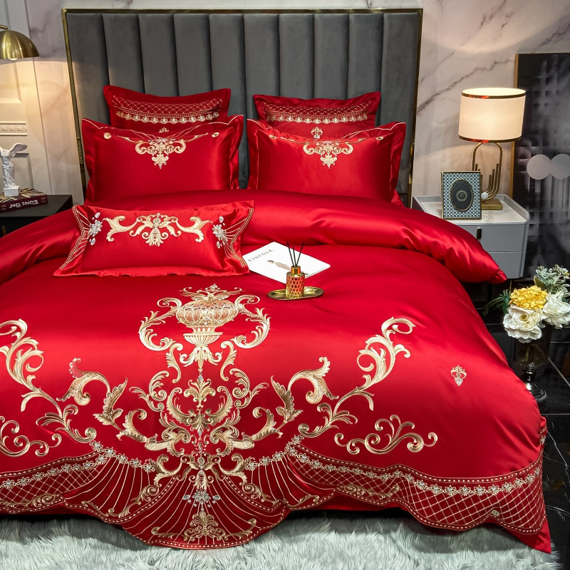 Elmira Red Luxury 600TC Satin Egyptian Cotton Royal Embroidery Duvet Bedding Set - DARIYA HOME