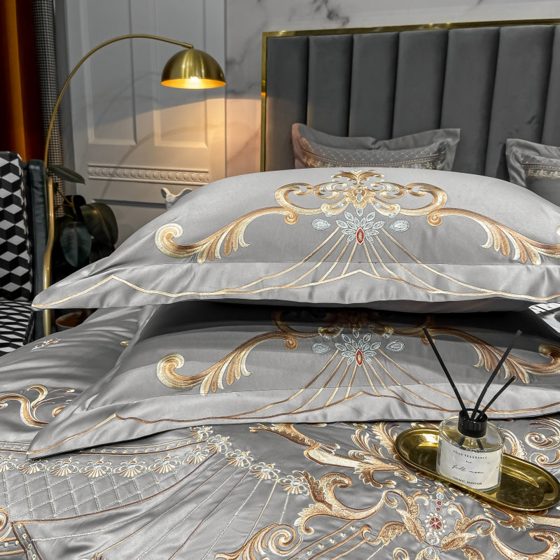 Elmira Grey 600TC Satin Egyptian Cotton Royal Embroidery Duvet Bedding Set - DARIYA HOME