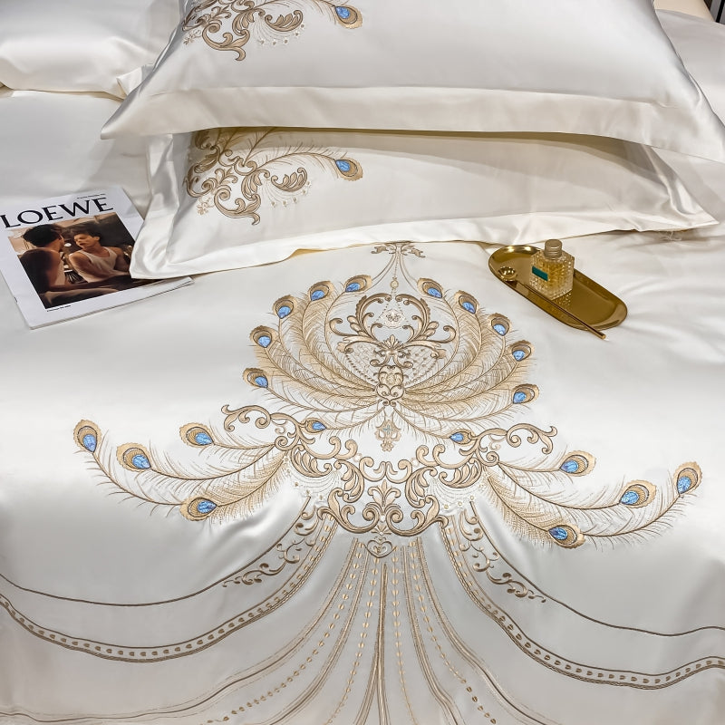 Virginia Luxury Satin Egyptian Cotton Royal Feather Embroidery Duvet Bedding Set - DARIYA HOME