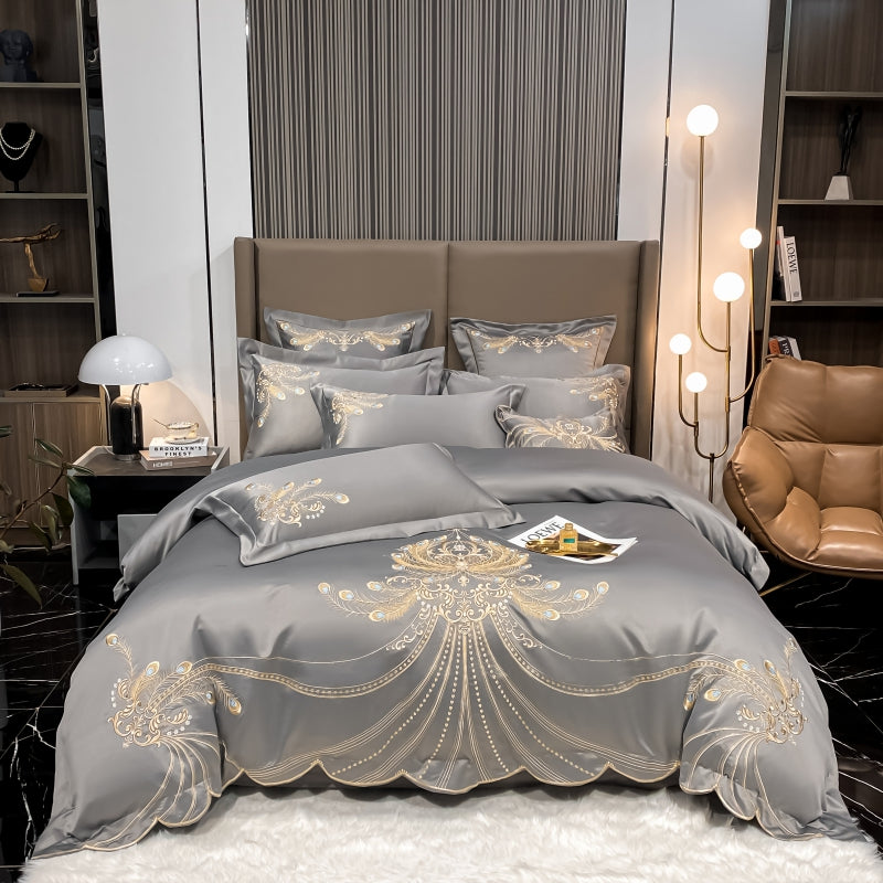 Virginia Dawn Luxury Satin Egyptian Cotton Royal Feather Embroidery Duvet Bedding Set - DARIYA HOME