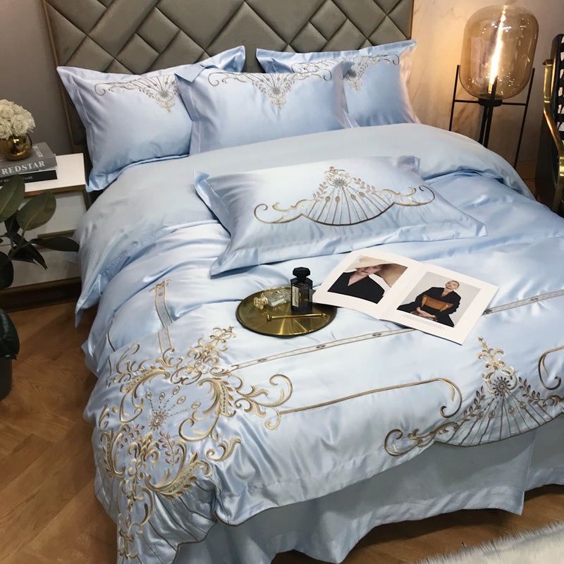 Victoria Ghost Blue Luxury 600TC Satin Egyptian Cotton Royal Embroidery Duvet Bedding Set - DARIYA HOME