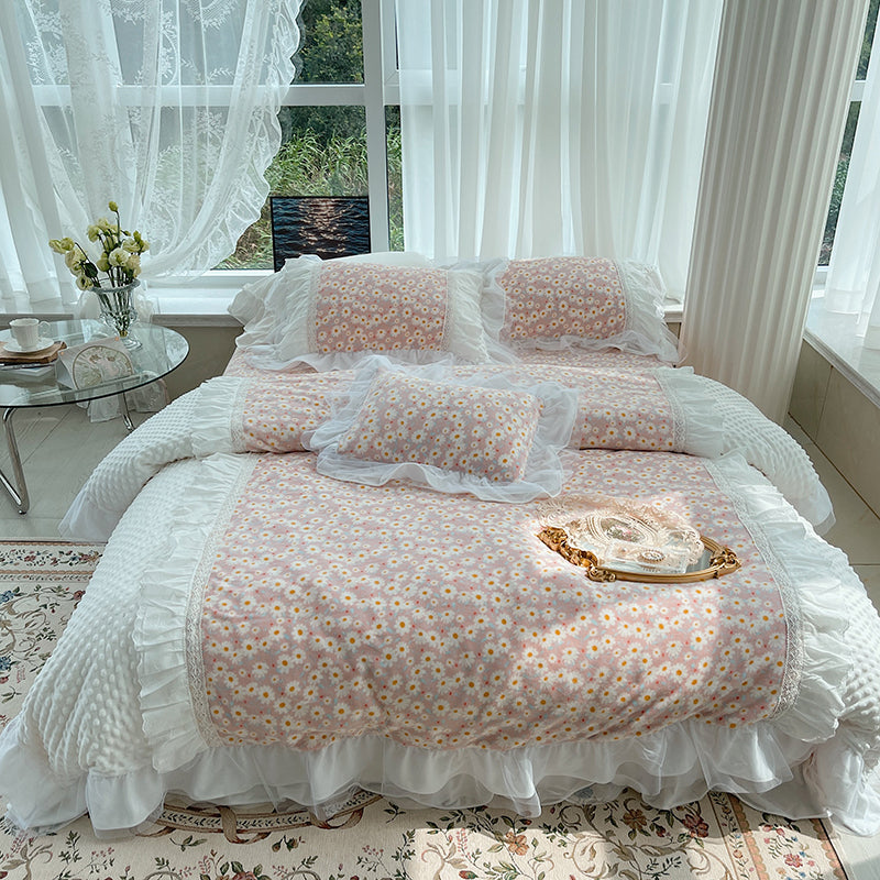 Regina Chamomile Coral Velvet Soft Fleece Floral Bedding Set - DARIYA HOME