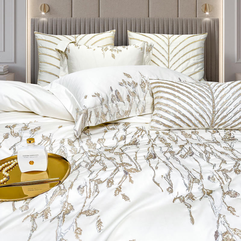 Cream White Luxury 1000TC Egyptian Cotton Royal Embroidery Duvet Bedding Set - DARIYA HOME