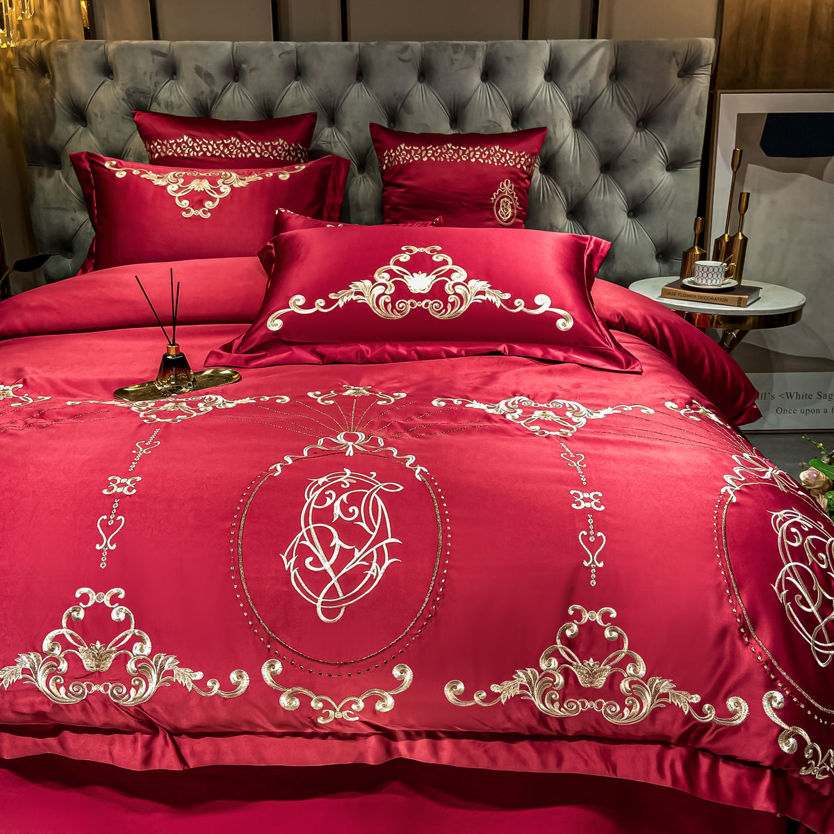 Naomi Cerise Red Luxury 600TC Satin Egyptian Cotton Royal Embroidered Duvet Bedding Set - DARIYA HOME