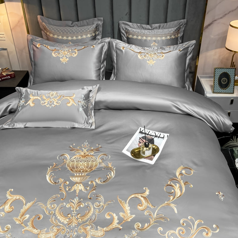 Elmira Grey 600TC Satin Egyptian Cotton Royal Embroidery Duvet Bedding Set - DARIYA HOME