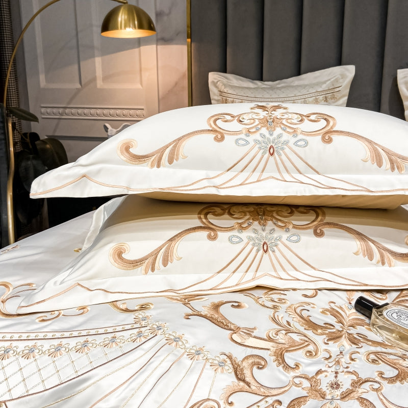 Elmira White Gold 600TC Satin Egyptian Cotton Royal Embroidery Duvet Bedding Set - DARIYA HOME