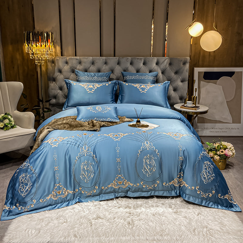 Naomi Rock Blue Luxury 600TC Satin Egyptian Cotton Royal Embroidery Duvet Bedding Set - DARIYA HOME