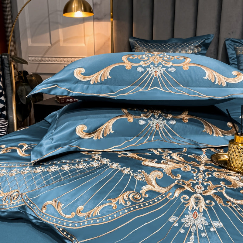 Elmira Blue 600TC Satin Egyptian Cotton Royal Embroidery Duvet Bedding Set - DARIYA HOME