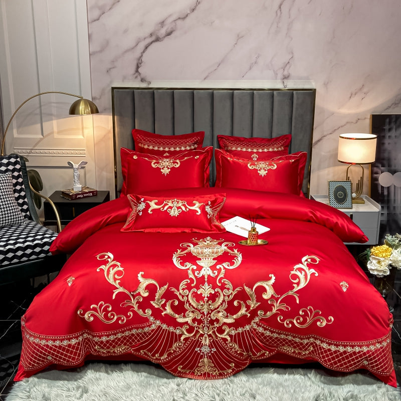 Elmira Red Luxury 600TC Satin Egyptian Cotton Royal Embroidery Duvet Bedding Set - DARIYA HOME