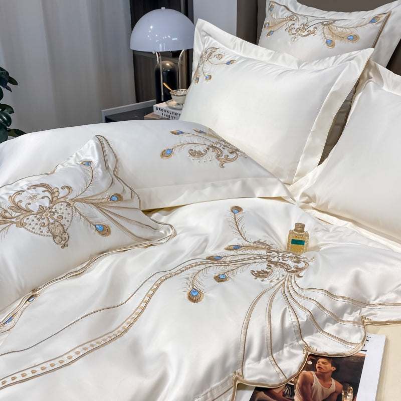 Virginia Luxury Satin Egyptian Cotton Royal Feather Embroidery Duvet Bedding Set - DARIYA HOME