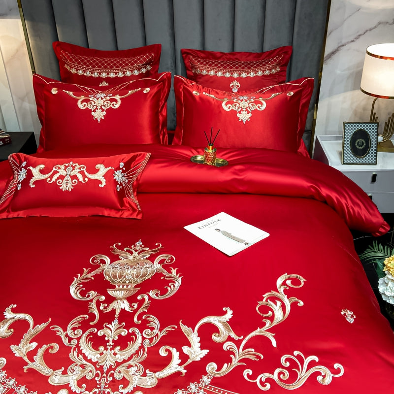 Elmira Red Luxury 600TC Satin Egyptian Cotton Royal Embroidery Duvet Bedding Set - DARIYA HOME