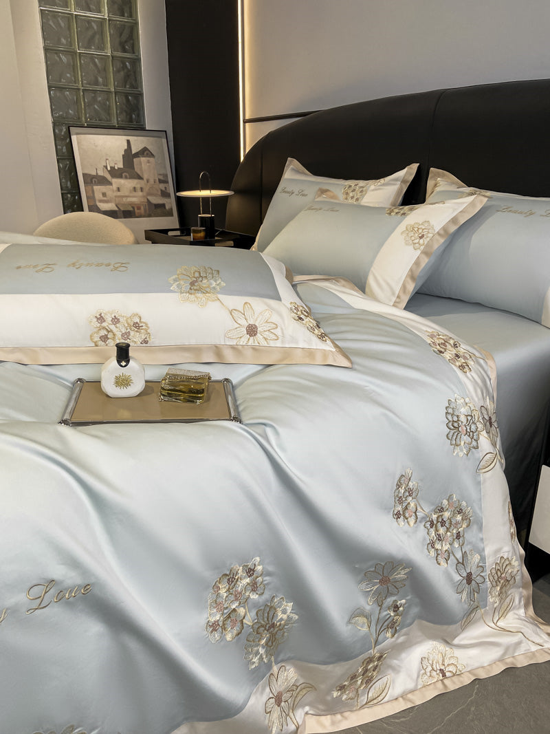 Hedonia Light Blue 1000TC Flower Embroidery Egyptian Cotton Duvet Bedding Set - DARIYA HOME