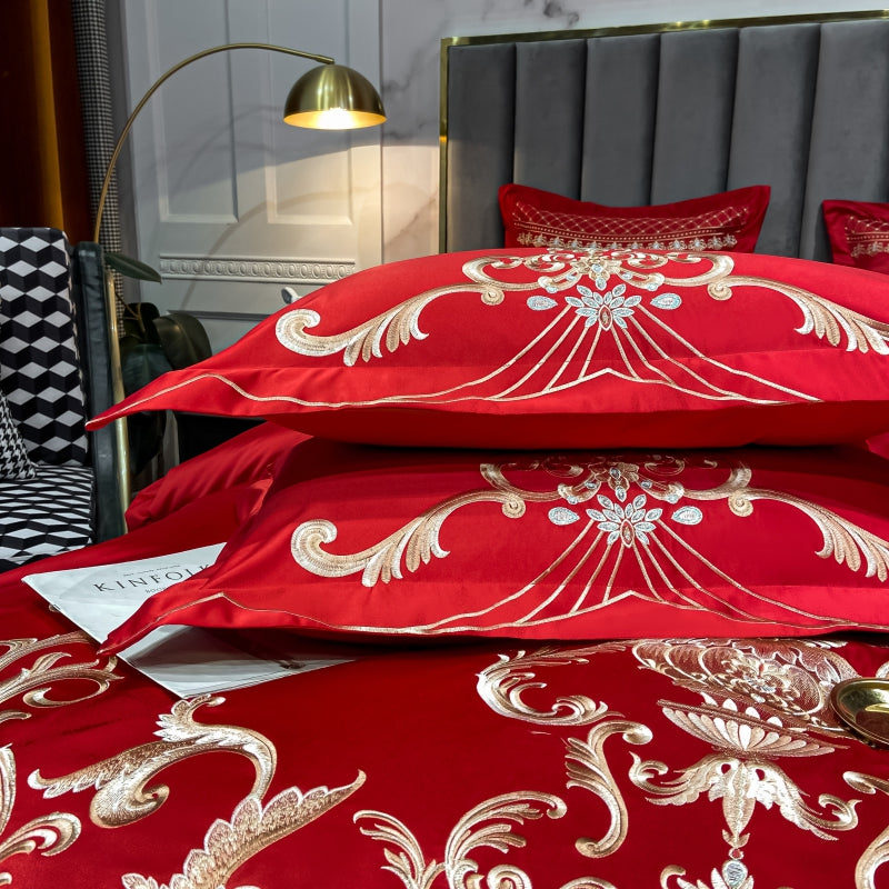 Elmira Red Luxury 600TC Satin Egyptian Cotton Royal Embroidery Duvet Bedding Set - DARIYA HOME