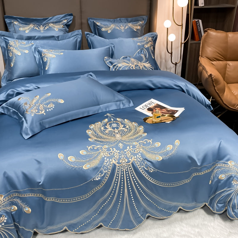 Virginia Blue Luxury Satin Egyptian Cotton Royal Feather Embroidery Duvet Bedding Set - DARIYA HOME