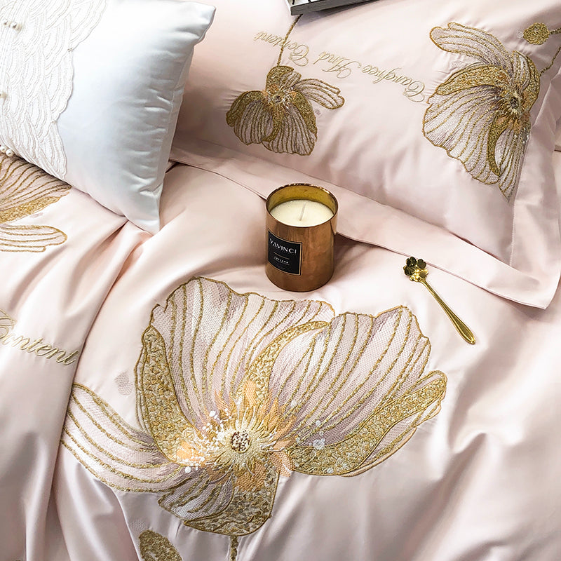 Brigitte Flora Pink Egyptian Cotton Luxury Embroidered Bedding Set - DARIYA HOME