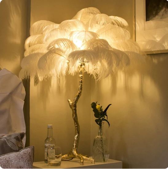 "King of The Jungle" White Ostrich Feathers Handcrafted Copper Body Decor Floor Table Lamp - DARIYA HOME